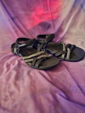 Rae Dunn Black Sandals with Braided Silver Straps
